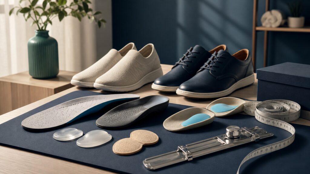 People-free editorial still life illustrating foot size pressure shoe volume activity and wear pattern