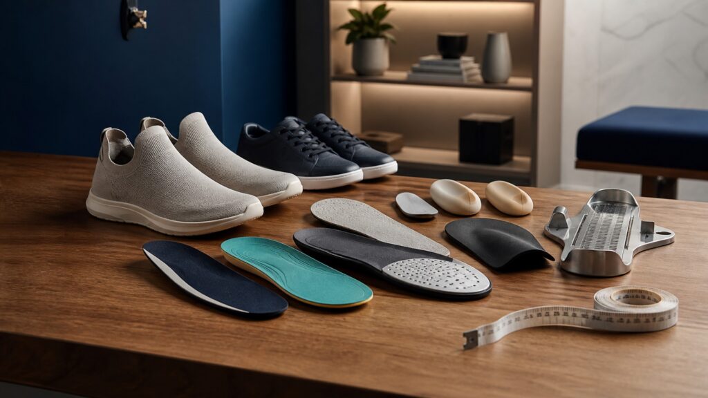 People-free editorial still life illustrating pressure skin sensation shoe fit stability and escalation