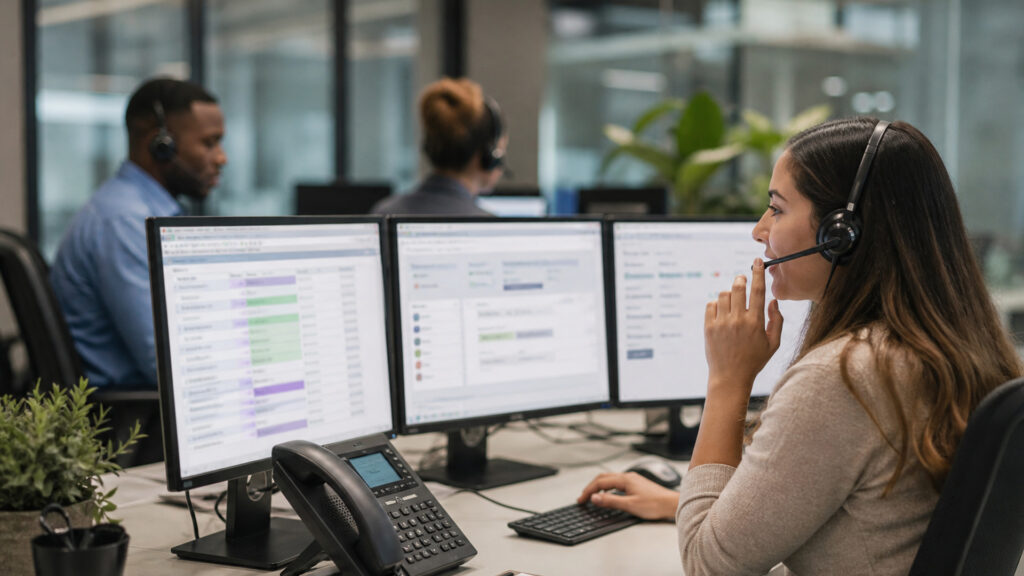 Editorial business scene illustrating outbound call center software data flow