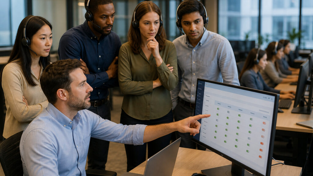 Editorial business scene illustrating outbound call center software permission structure