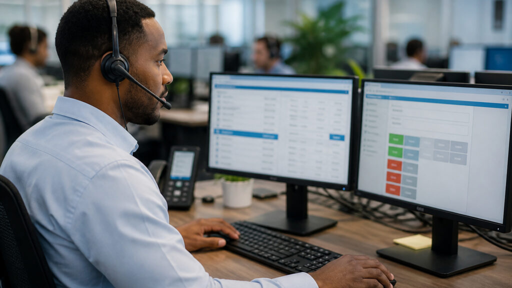 Editorial business scene illustrating outbound call center software workflow role