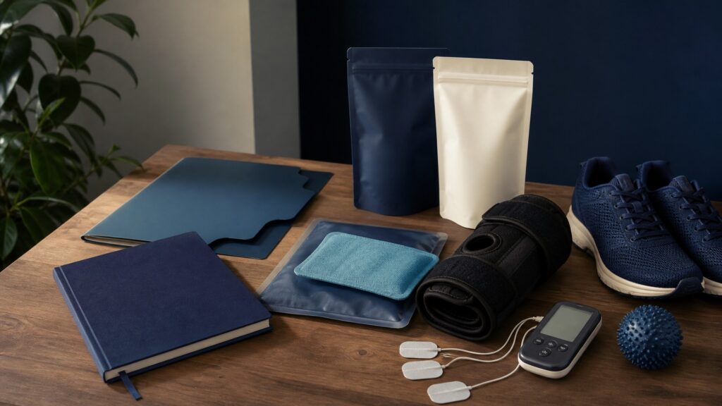 People-free editorial still life illustrating pain management