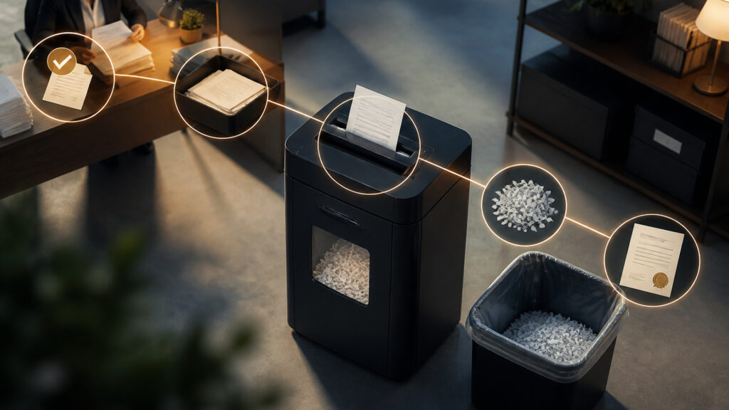 Editorial business scene illustrating paper shredders data flow