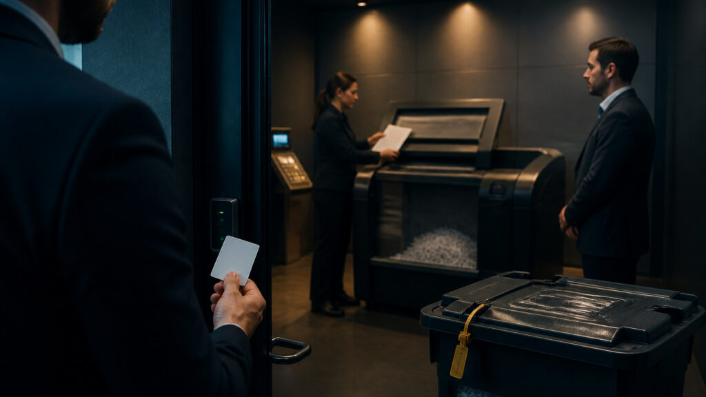 Editorial business scene illustrating paper shredders permission structure