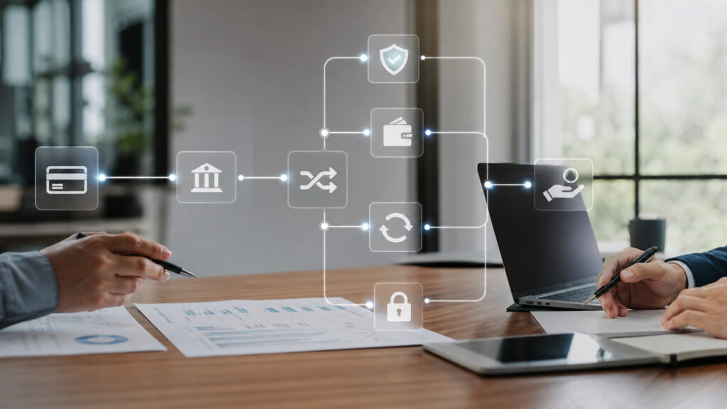Editorial business scene illustrating payment platforms operating model