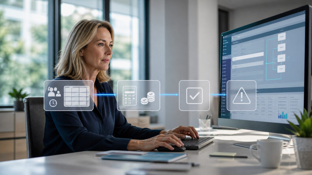 Editorial business scene illustrating payroll automation