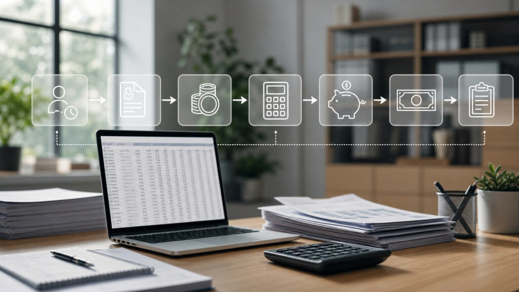 Editorial business scene illustrating payroll software data flow