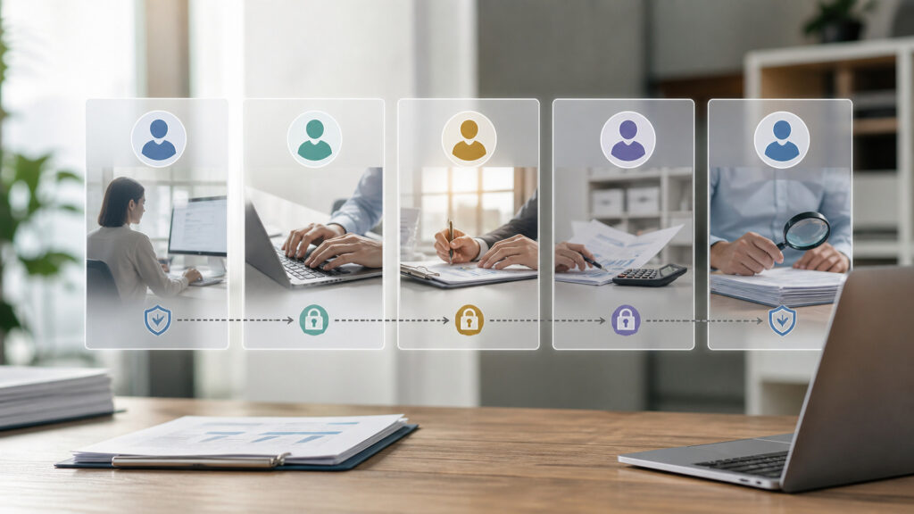Editorial business scene illustrating payroll software permission structure