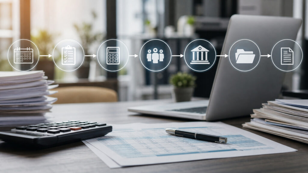 Editorial business scene illustrating payroll software workflow role