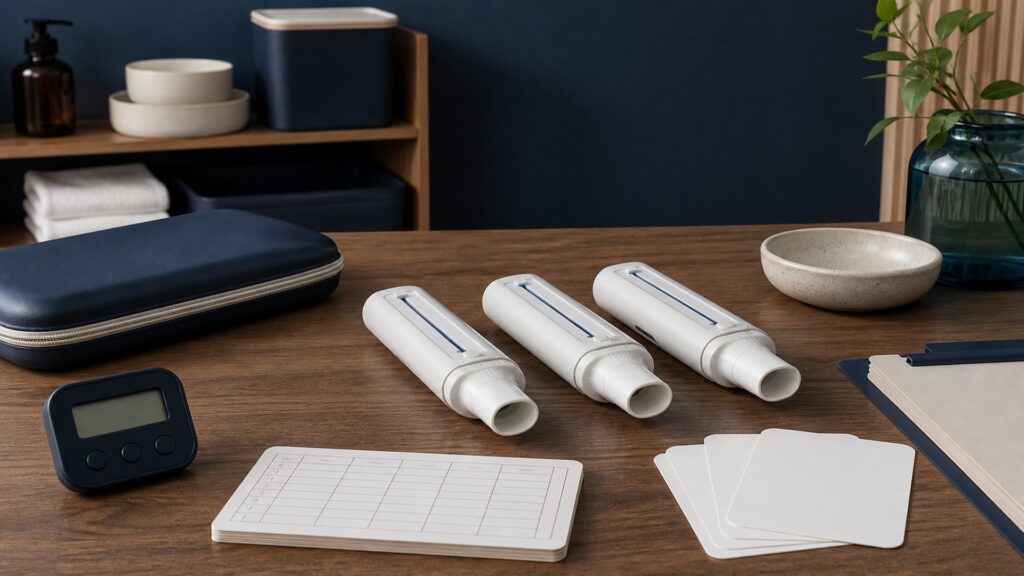 People-free editorial still life illustrating same meter posture reset deep breath seal hard-fast blow three trials highest value symptoms and zones