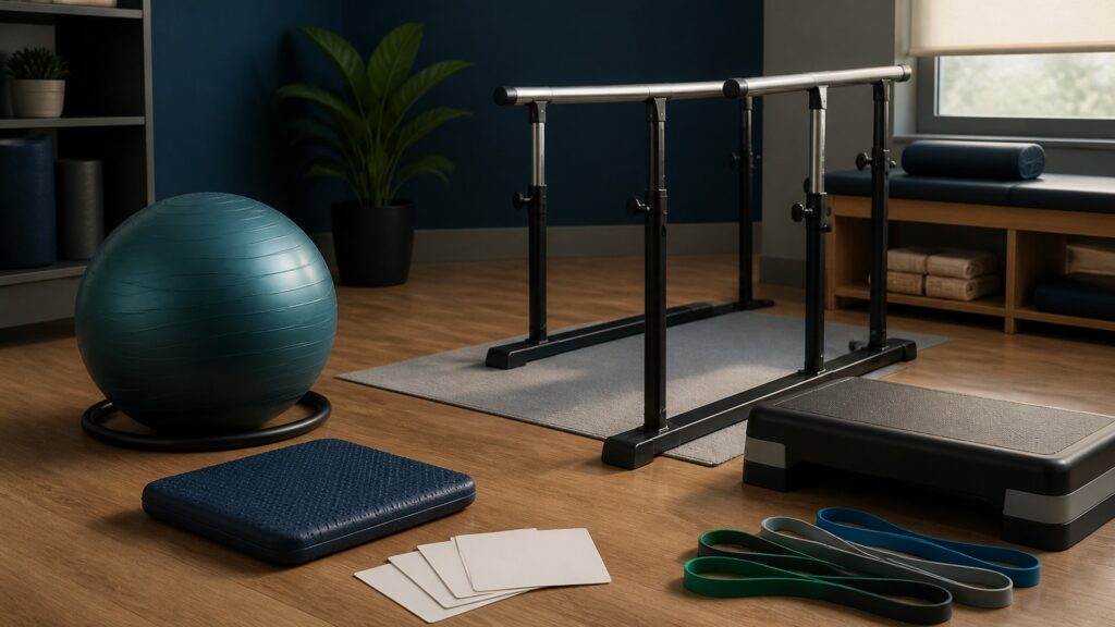 People-free editorial still life illustrating rehabilitation session setup movement quality and progression record