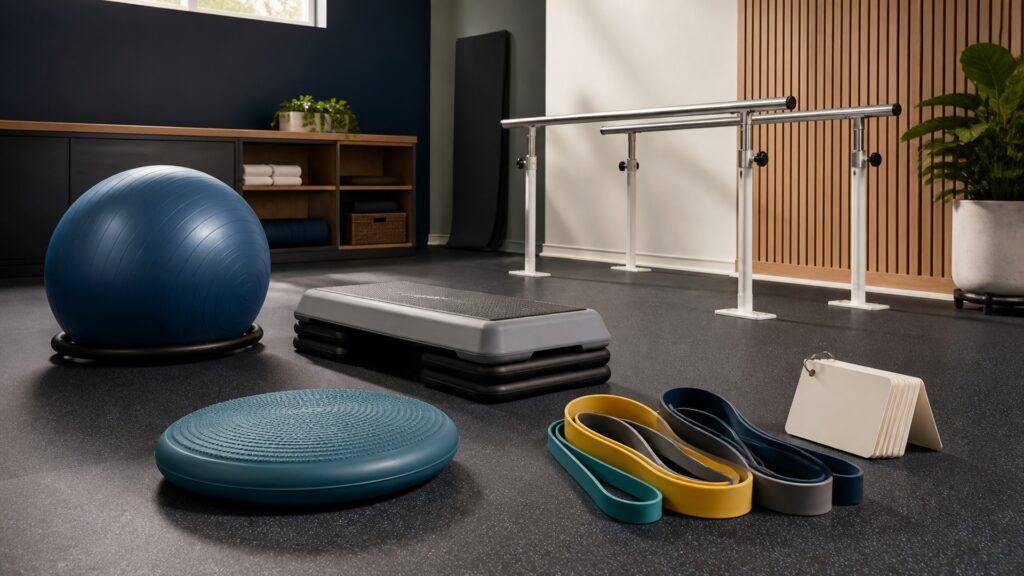 People-free editorial still life illustrating goal dimensions load setup range repetitions balance pain quality and progression
