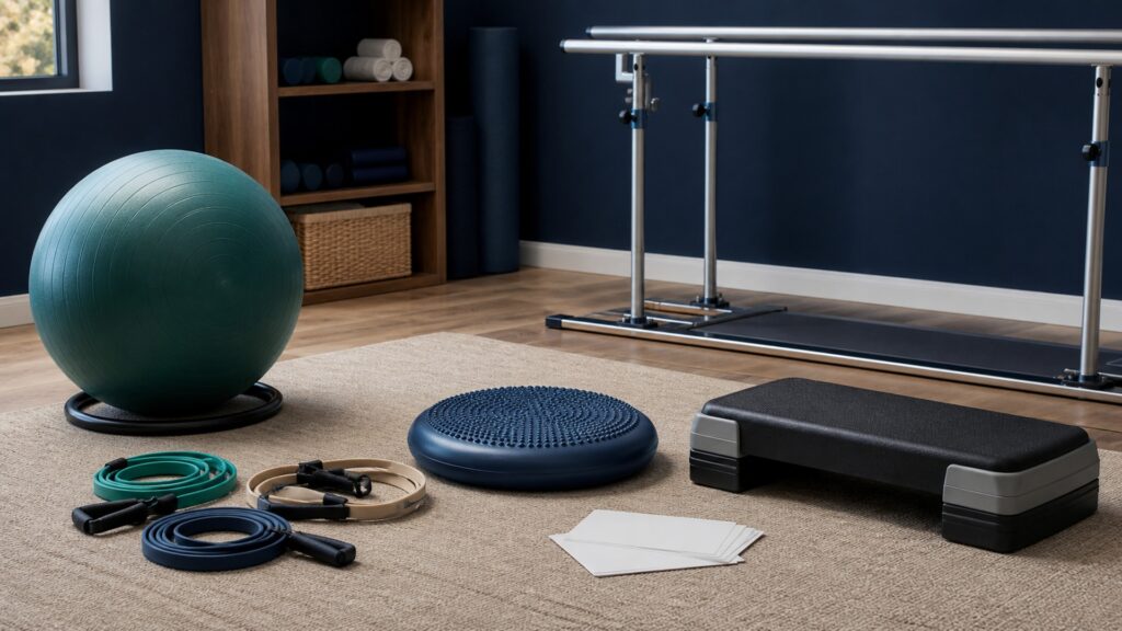 People-free editorial still life illustrating anchor fall load transfer pain neurologic supervision and progression safety