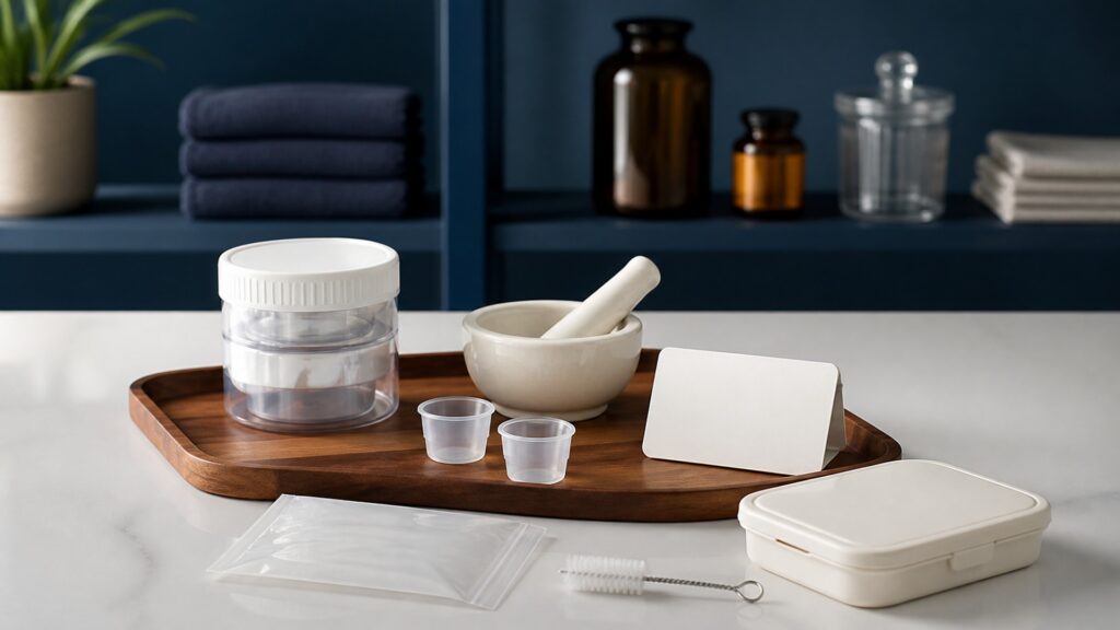 People-free editorial still life illustrating a crusher may support swallowing or tube-administration plans only when the specific formulation is approved for crushing