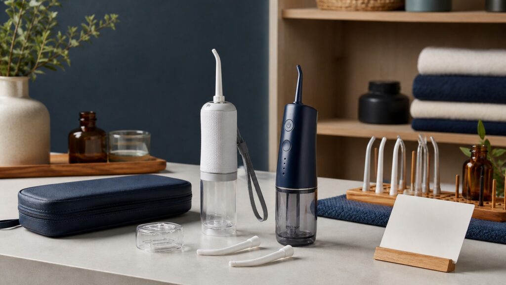People-free editorial still life illustrating a portable bidet can support gentle cleansing and reduce wiping friction but does not treat incontinence infection or damaged skin
