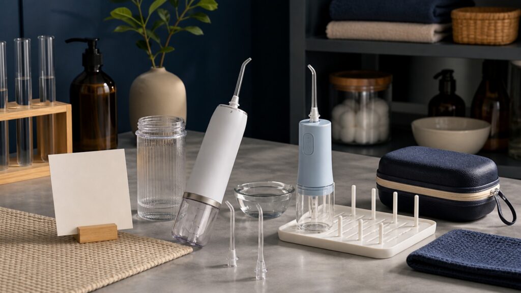 People-free editorial still life illustrating water source temperature volume pressure aim reach backflow splash contact cleaning drying and skin response