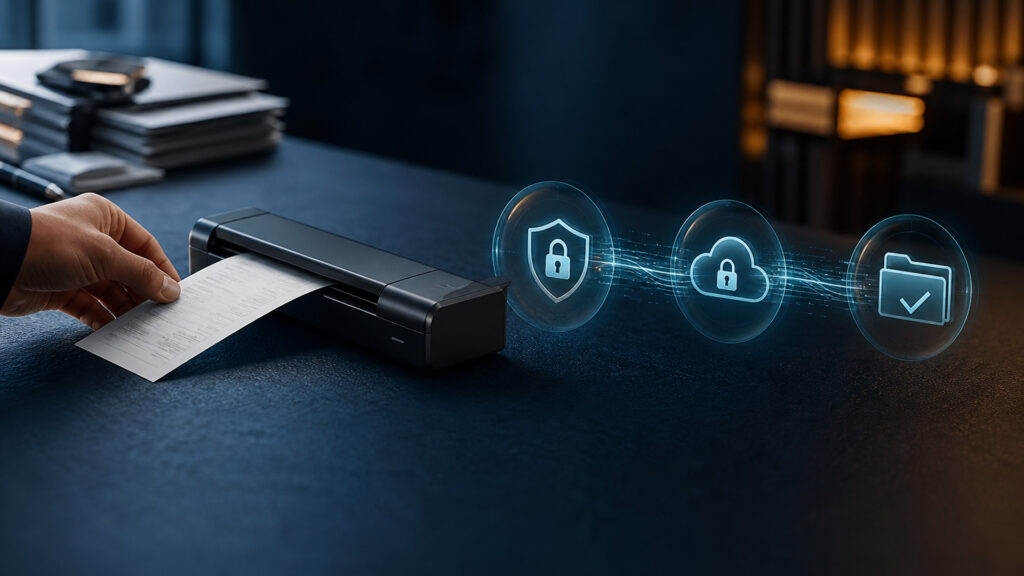 Editorial business scene illustrating portable document scanners data flow