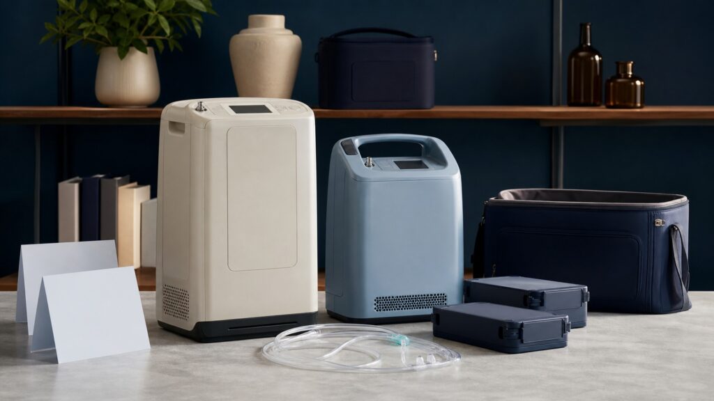 People-free editorial still life illustrating a portable concentrator supplies prescribed supplemental oxygen but does not treat the underlying disease or guarantee adequate delivery in every activity