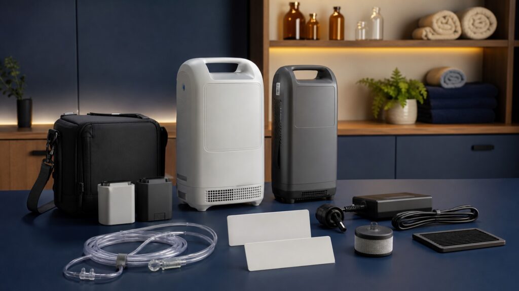 People-free editorial still life illustrating prescription mode setting oxygenation symptoms pulse trigger activity altitude battery alarms tubing and backup