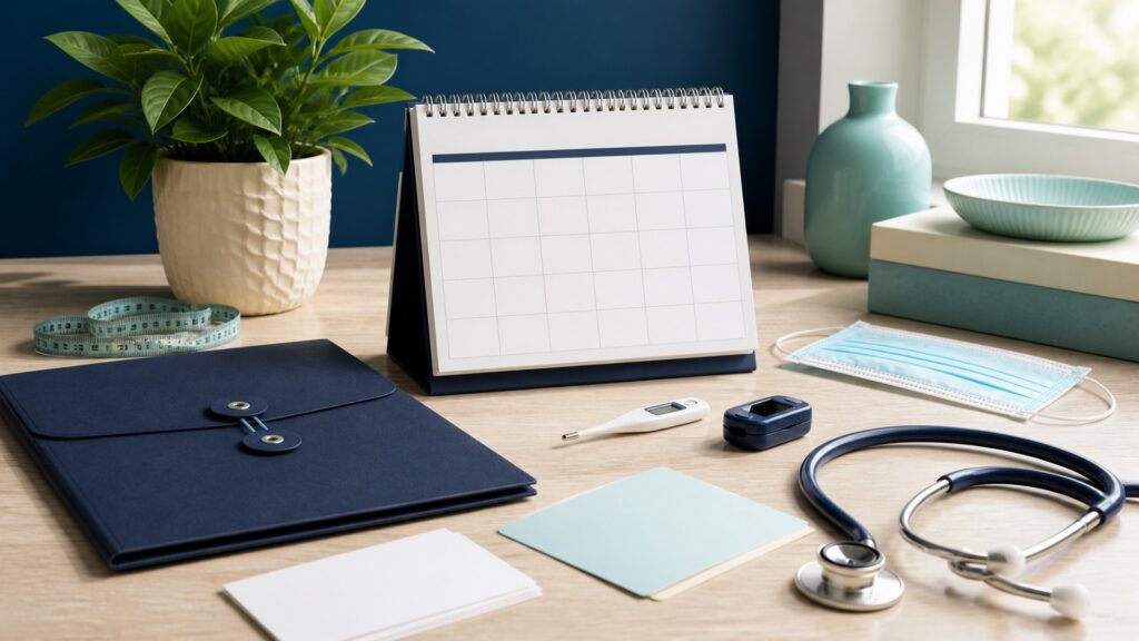 People-free preventive care planning scene with blank appointment calendar, vaccination card shapes, screening tools, and health records folder