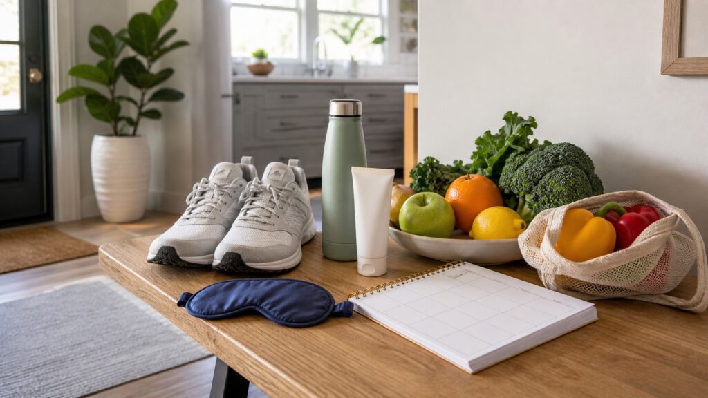 Walking shoes, whole foods, water bottle, sleep mask, sunscreen, and a blank weekly planner arranged for preventive health