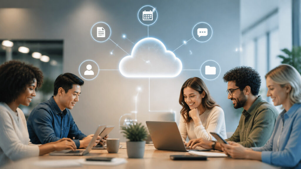 Editorial business scene illustrating productivity platforms