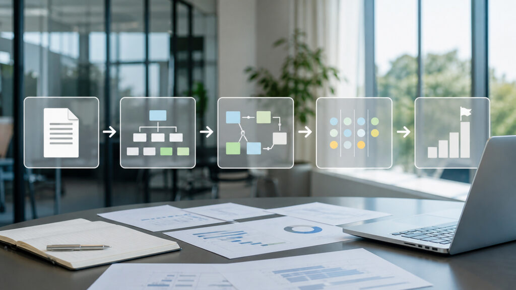Editorial business scene illustrating project management software data flow