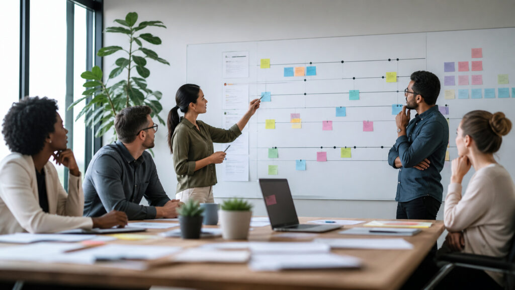 Editorial business scene illustrating project management software