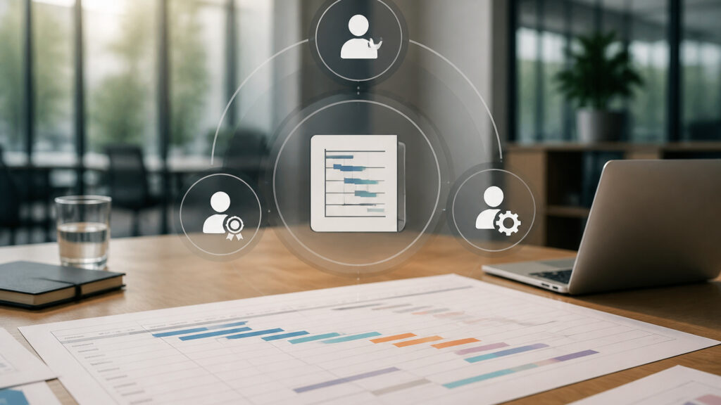 Editorial business scene illustrating project management software permission structure