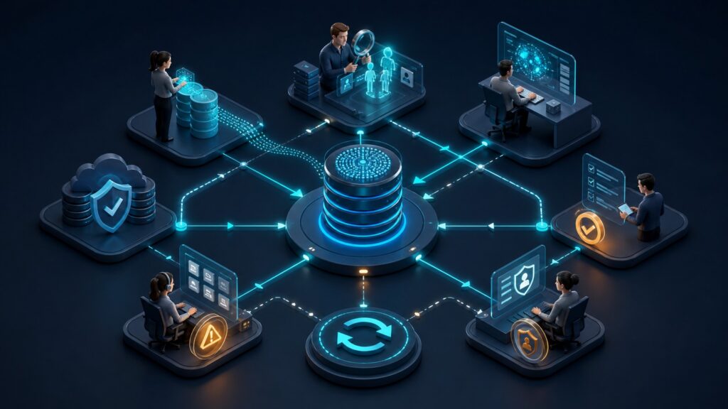 Editorial business scene illustrating prospecting databases operating model