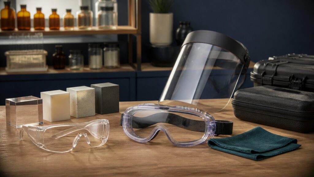 People-free editorial still life illustrating hazard type rating marking coverage side protection fit clarity condition and PPE compatibility