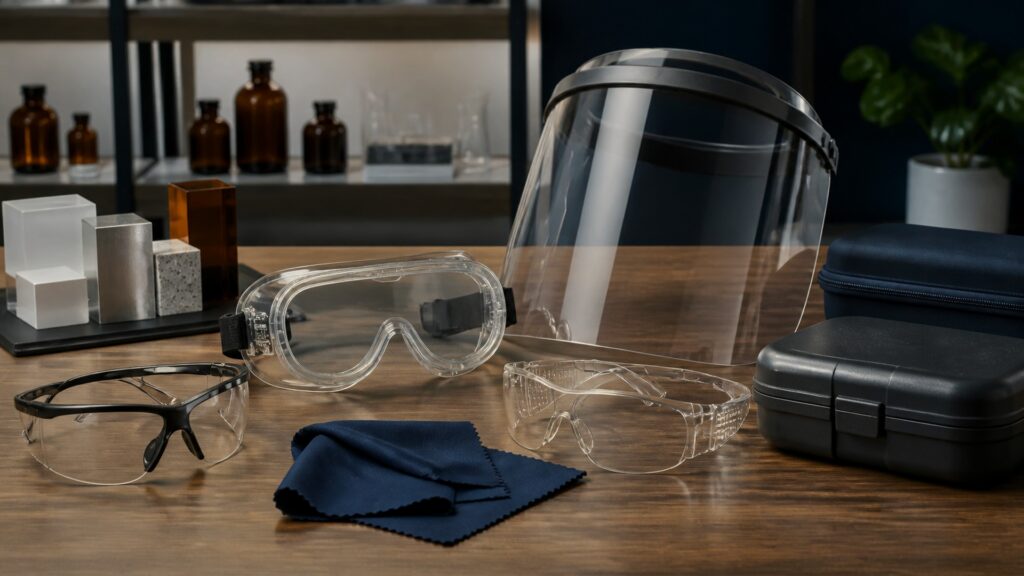 People-free editorial still life illustrating wrong rating inadequate coverage damaged lenses poor fit face-shield limits radiation shade and chemical exposure