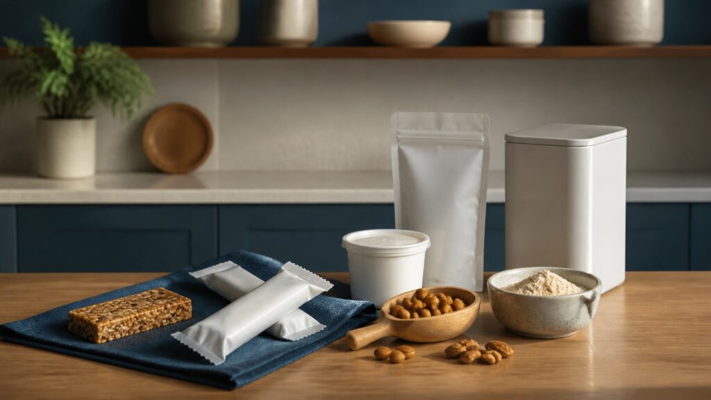 People-free editorial still life illustrating convenient protein contribution between meals