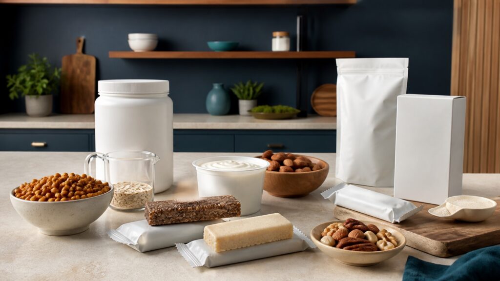 People-free editorial still life illustrating protein quality calories fiber sodium sugar and timing