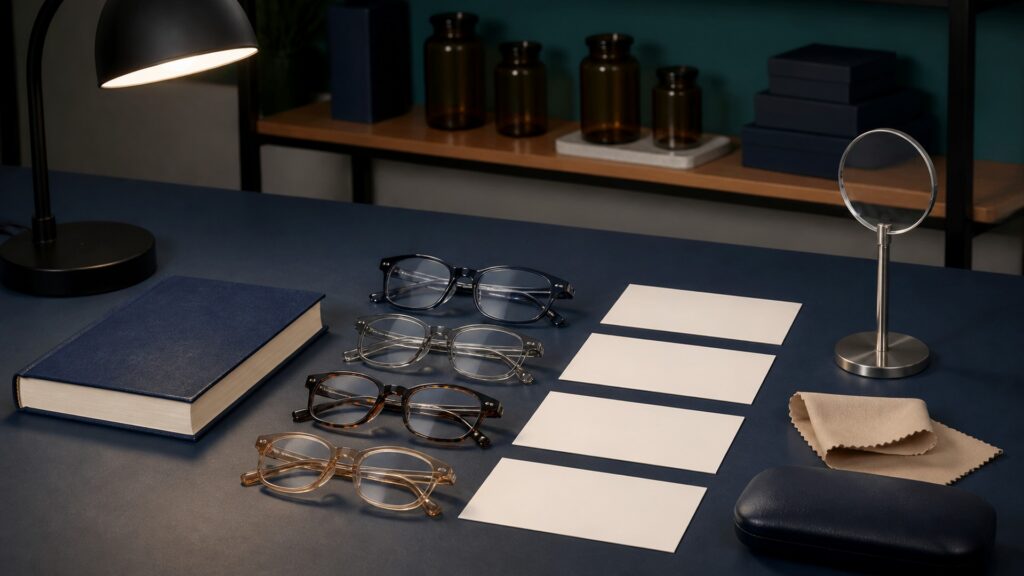 People-free editorial still life illustrating reading glasses improve near focus but do not treat the aging lens or screen for eye disease