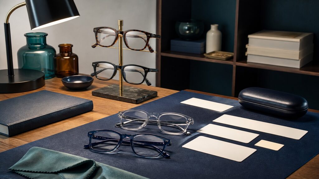People-free editorial still life illustrating working distance print size lens power each-eye clarity fit strain lighting and exam history