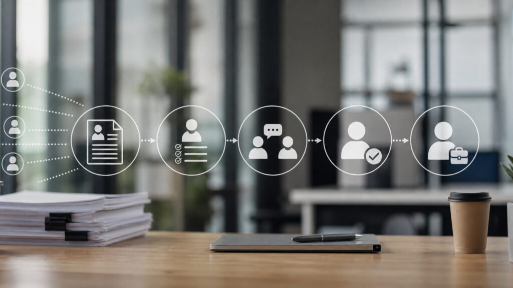 Editorial business scene illustrating recruitment software data flow