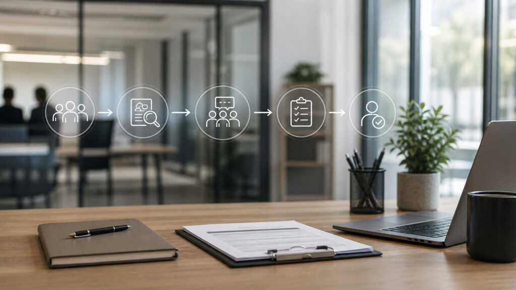 Editorial business scene illustrating recruitment software operating model