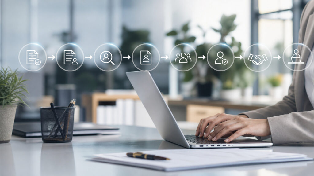 Editorial business scene illustrating recruitment software workflow role