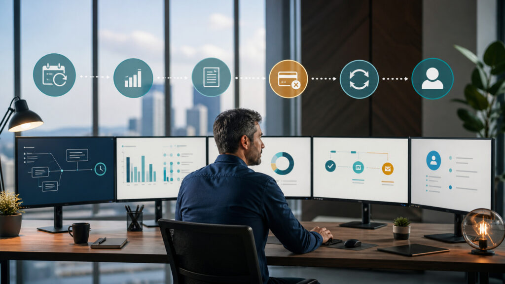 Editorial business scene illustrating recurring billing software workflow role