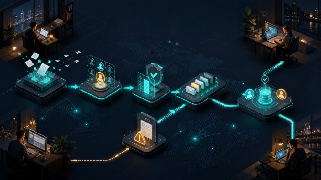 Editorial business scene illustrating remote team project management software data flow