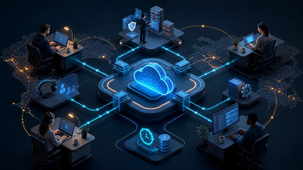 Editorial business scene illustrating remote team project management software operating model