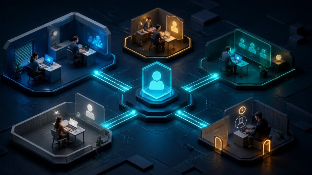 Editorial business scene illustrating remote team project management software permission structure