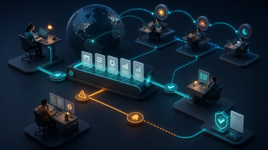 Editorial business scene illustrating remote team project management software workflow role