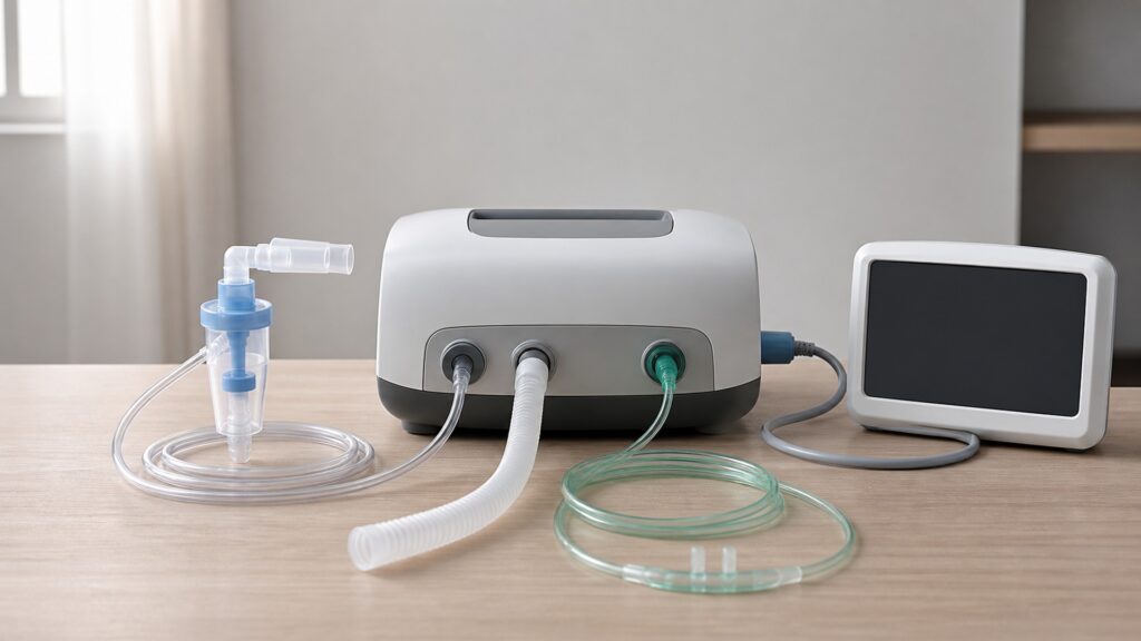People-free editorial still life illustrating matching respiratory output to clinical purpose
