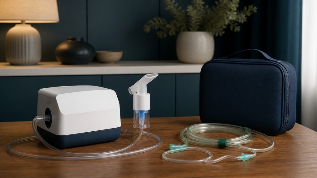 People-free editorial still life illustrating interface tubing oxygen and alarm safety