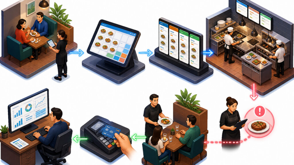 Editorial business scene illustrating restaurant pos systems workflow role