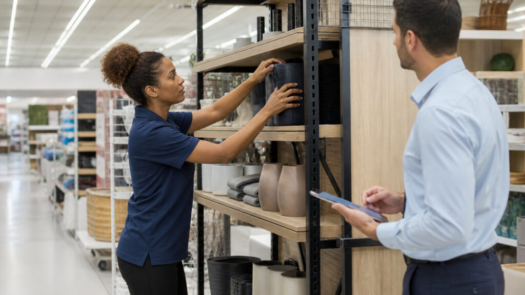 Editorial business scene illustrating retail display racks permission structure