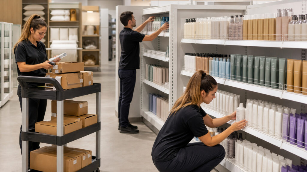 Editorial business scene illustrating retail display shelving data flow