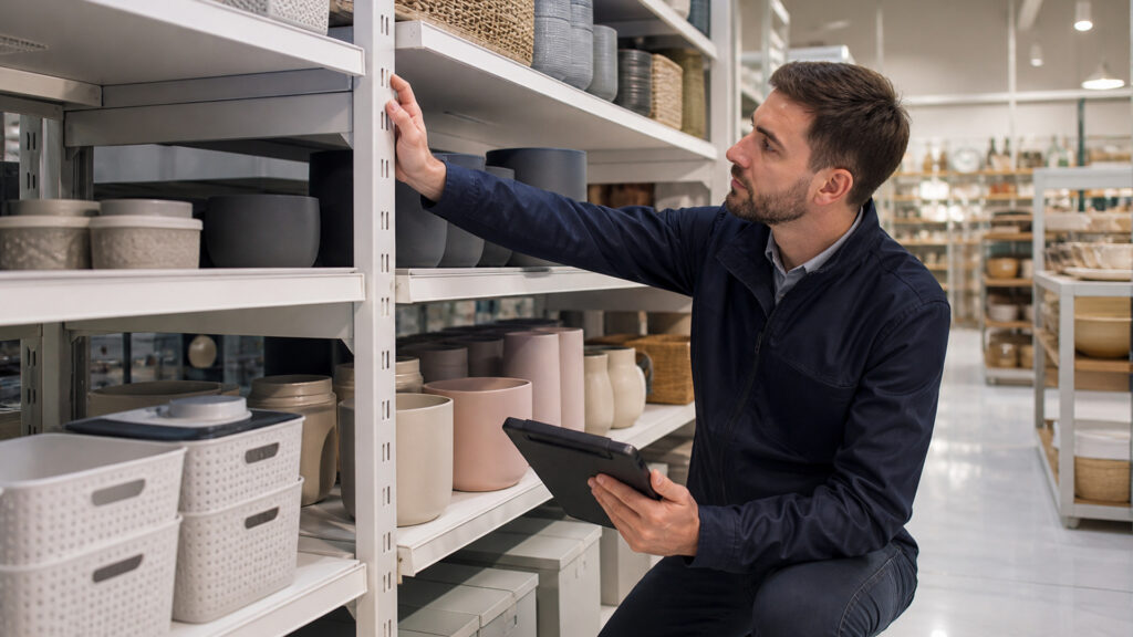 Editorial business scene illustrating retail display shelving operating model